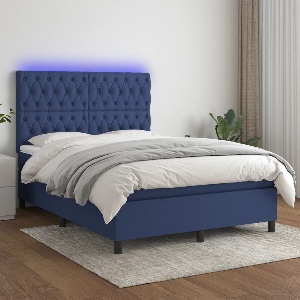 Boxspring met matras en LED stof blauw 140x190 cm is nu te koop bij PeponiXL, paradijselijk wonen!