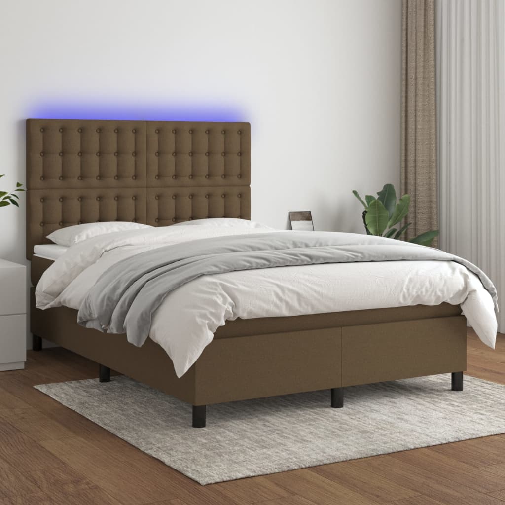Boxspring met matras en LED stof donkerbruin 140x200 cm is nu te koop bij PeponiXL, paradijselijk wonen!
