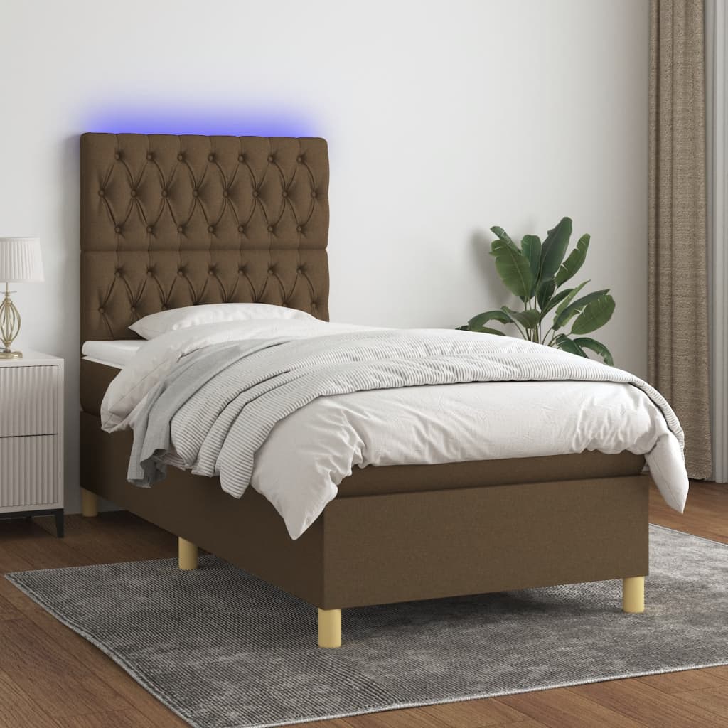 Boxspring met matras en LED stof donkerbruin 100x200 cm is nu te koop bij PeponiXL, paradijselijk wonen!