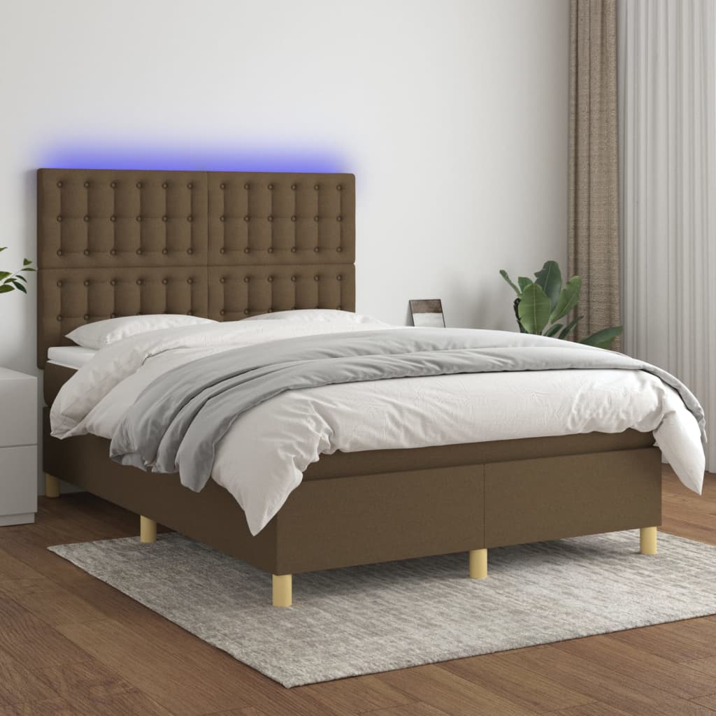 Boxspring met matras en LED stof donkerbruin 140x200 cm is nu te koop bij PeponiXL, paradijselijk wonen!