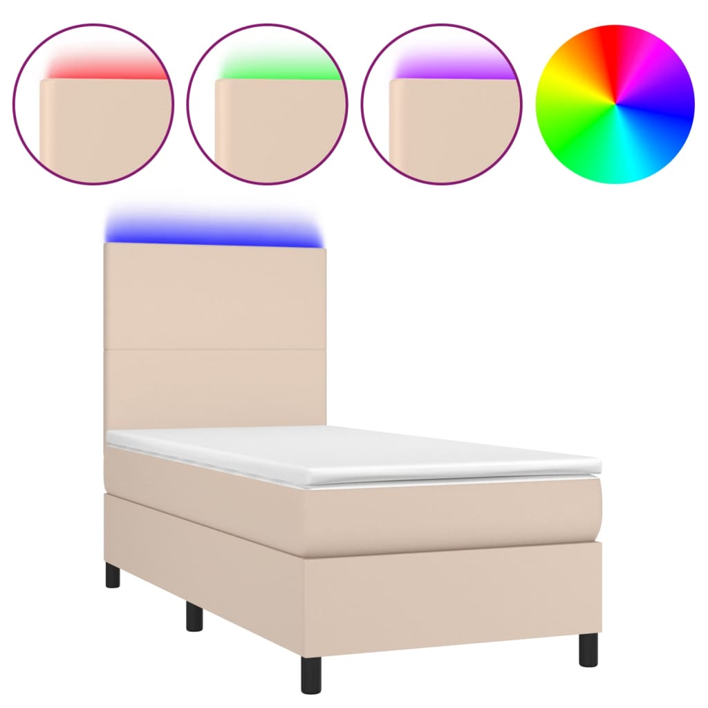 Boxspring met matras en LED kunstleer cappuccinokleur 90x200 cm is nu te koop bij PeponiXL, paradijselijk wonen!