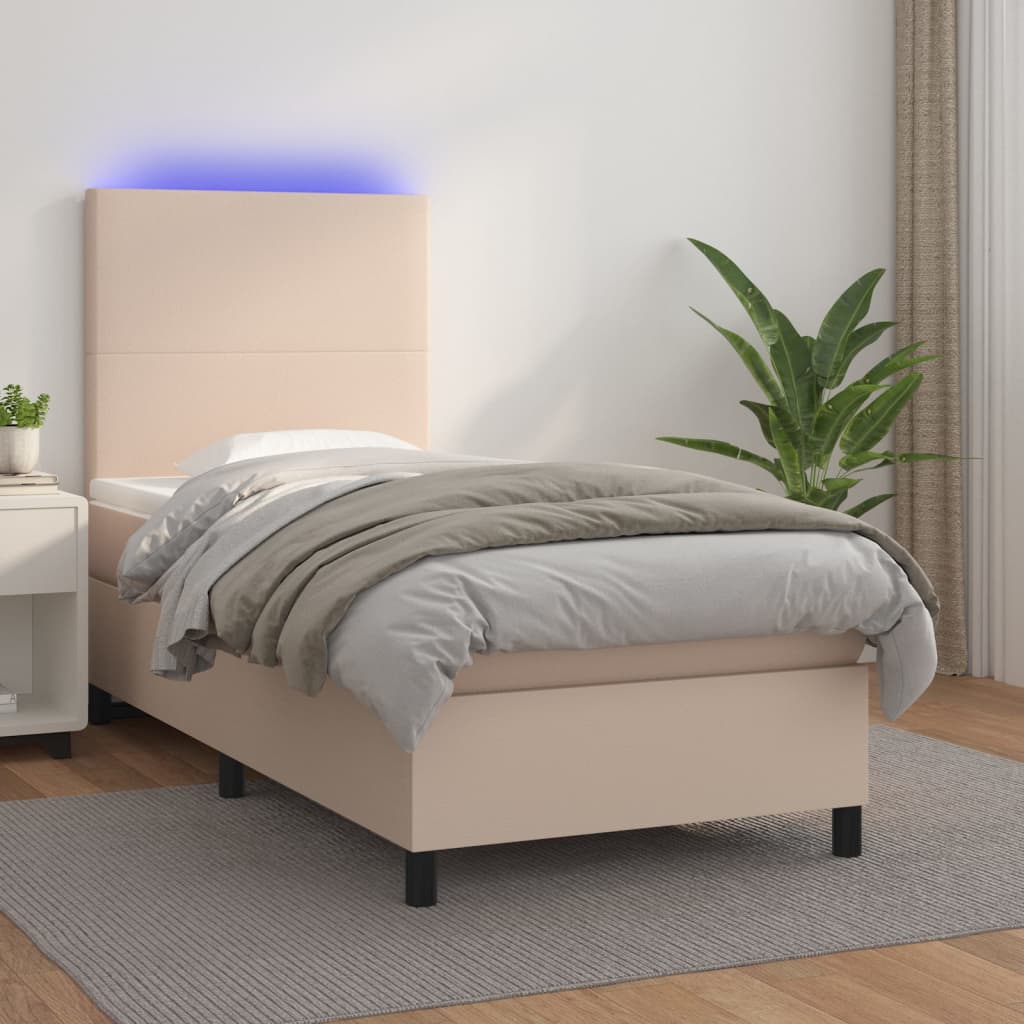 Boxspring met matras en LED kunstleer cappuccinokleur 90x200 cm is nu te koop bij PeponiXL, paradijselijk wonen!