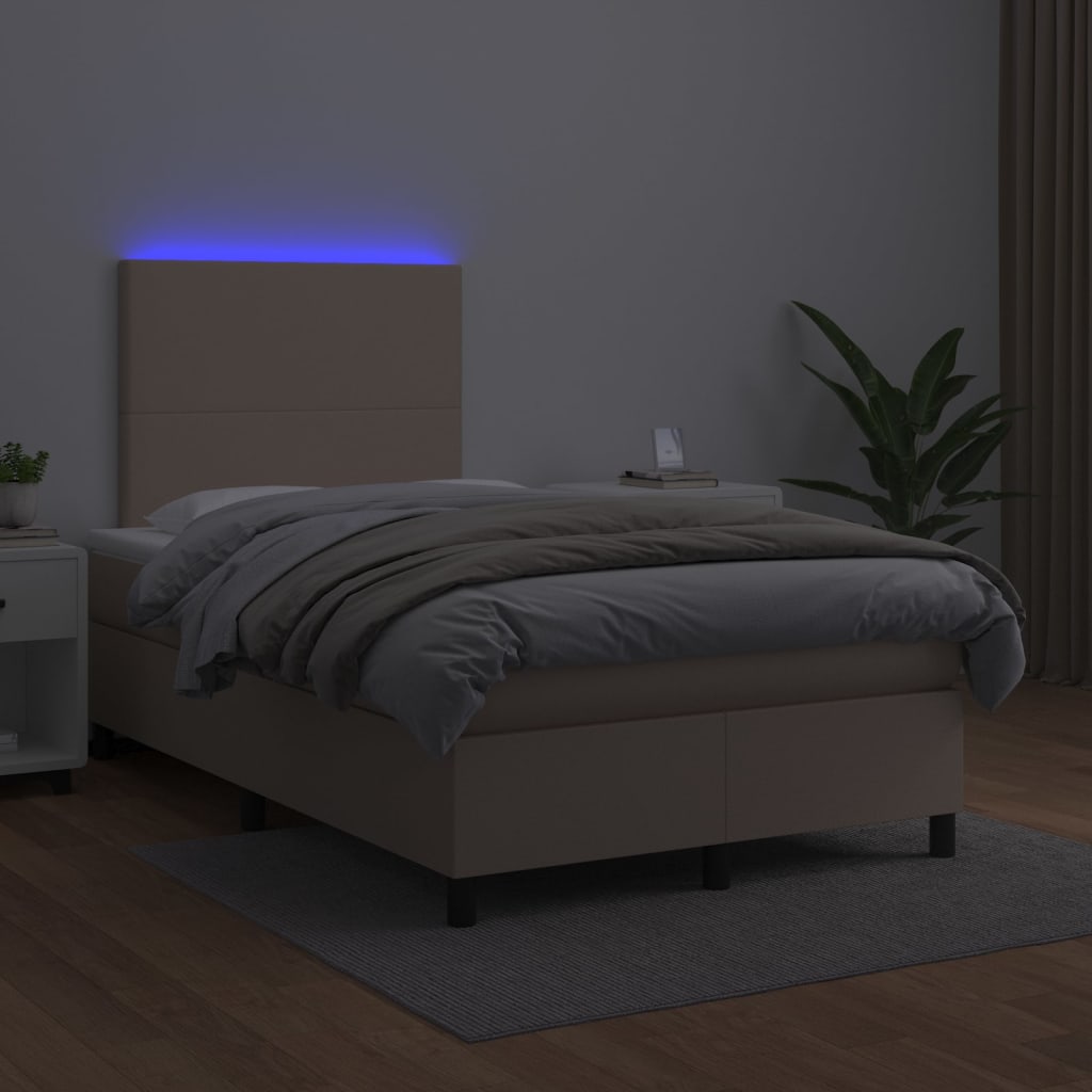 Boxspring met matras en LED kunstleer cappuccinokleur 120x200cm is nu te koop bij PeponiXL, paradijselijk wonen!