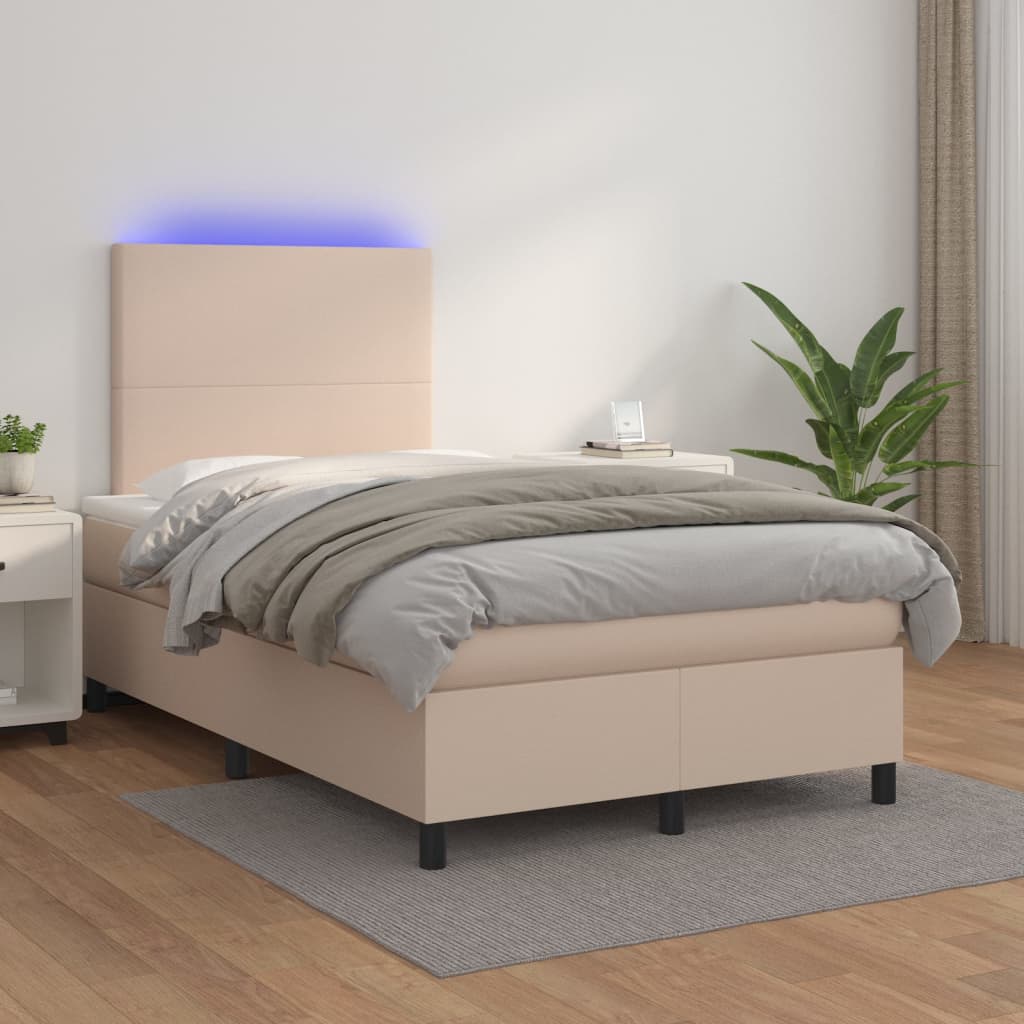 Boxspring met matras en LED kunstleer cappuccinokleur 120x200cm is nu te koop bij PeponiXL, paradijselijk wonen!