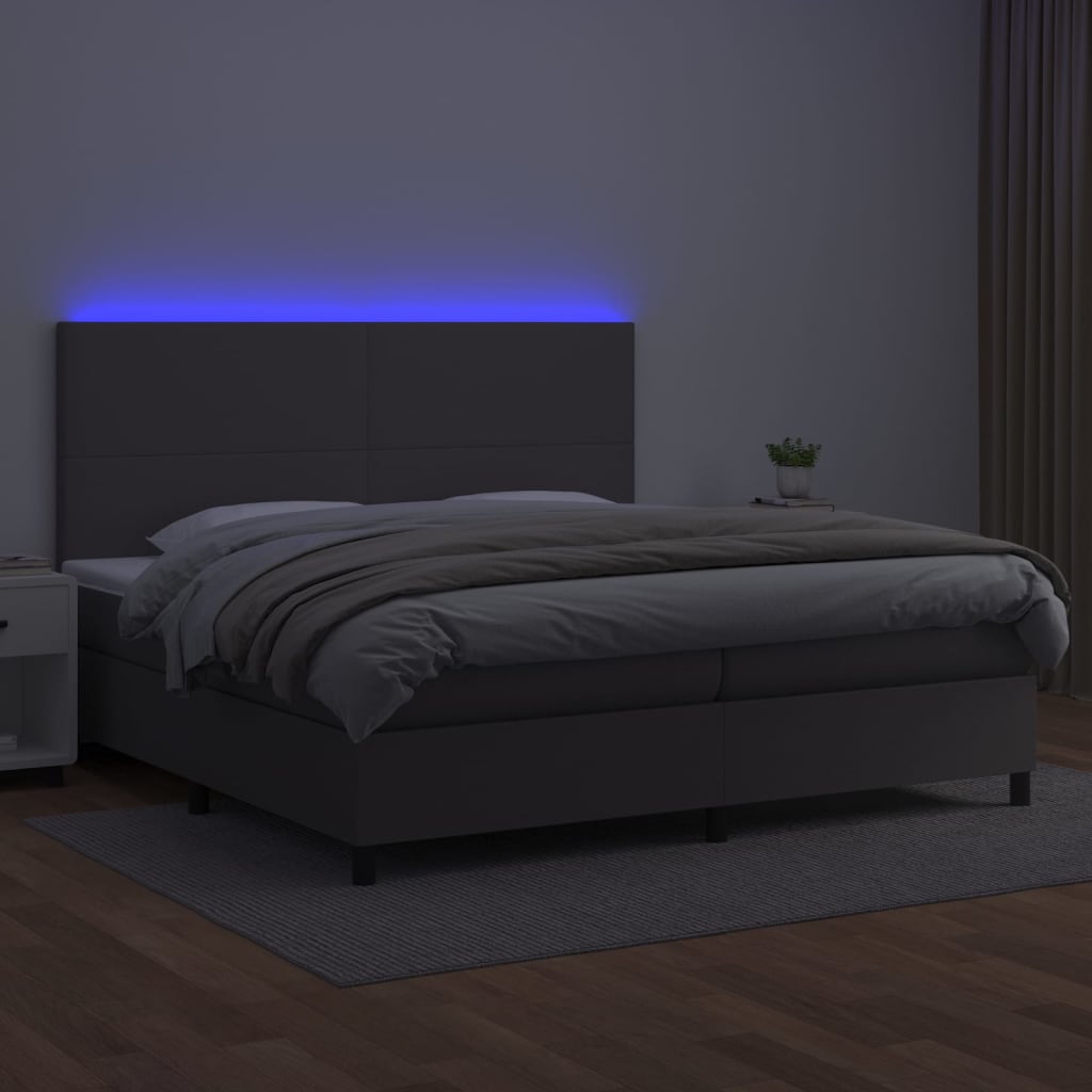 Boxspring met matras en LED kunstleer grijs 200x200 cm is nu te koop bij PeponiXL, paradijselijk wonen!