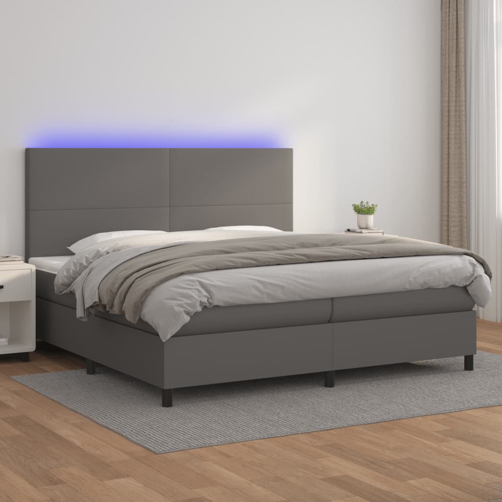 Boxspring met matras en LED kunstleer grijs 200x200 cm is nu te koop bij PeponiXL, paradijselijk wonen!