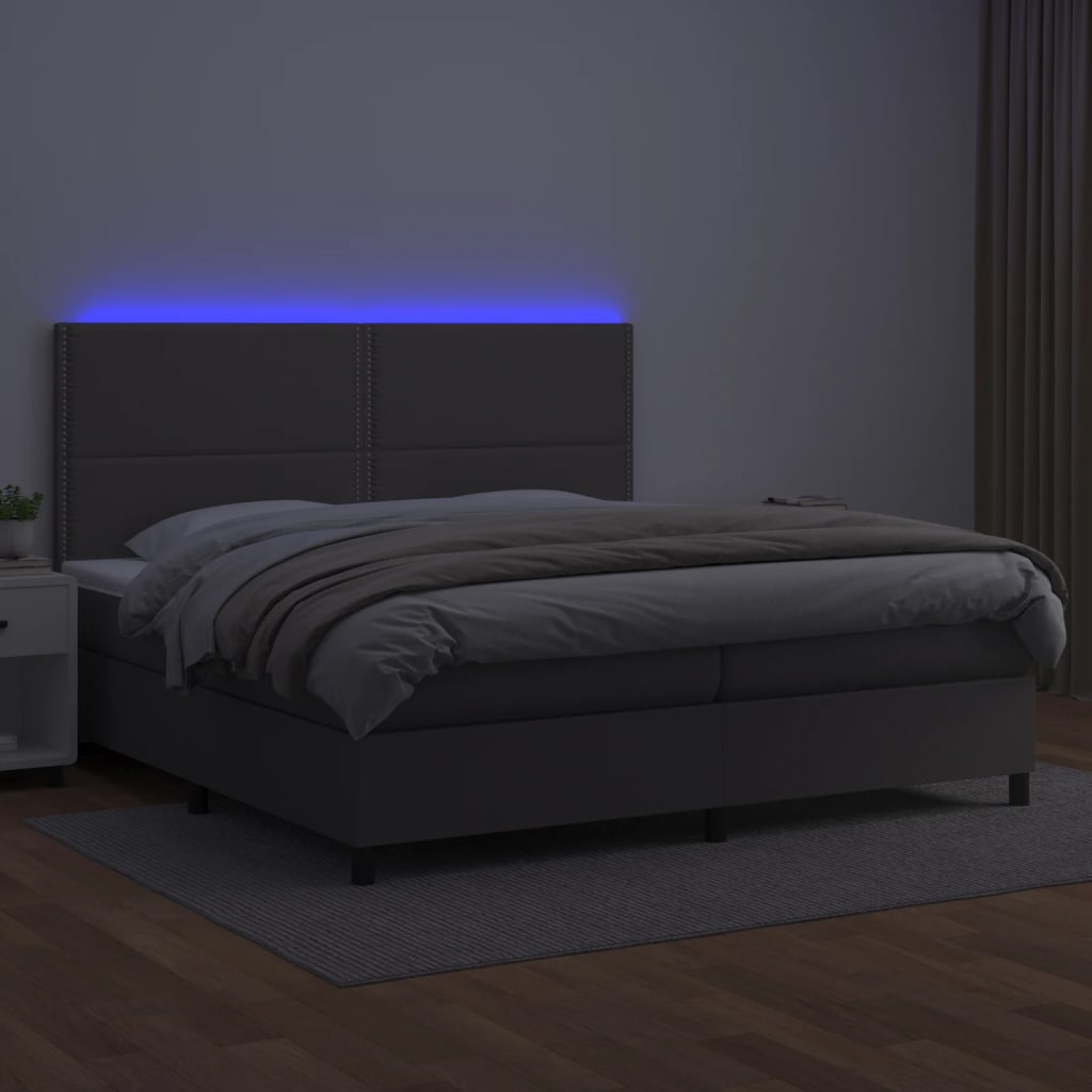 Boxspring met matras en LED kunstleer grijs 200x200 cm is nu te koop bij PeponiXL, paradijselijk wonen!