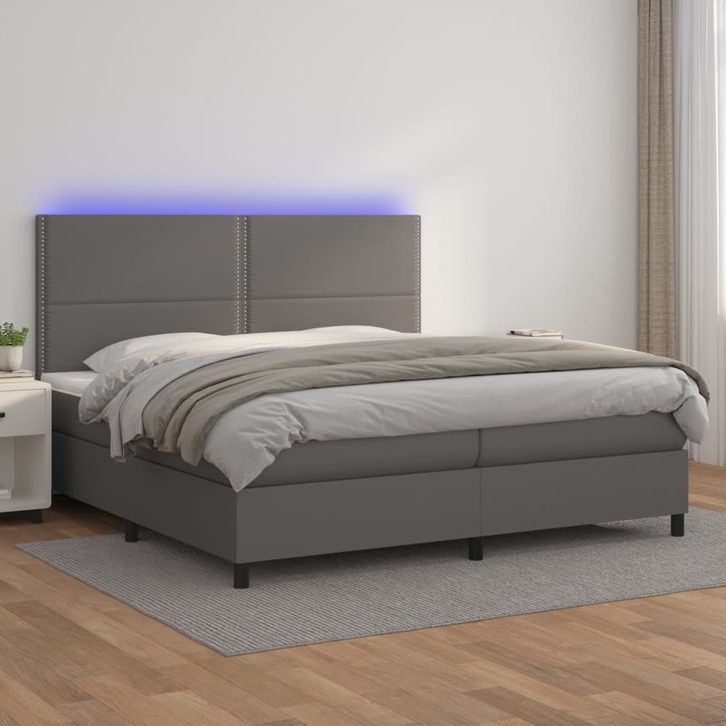 Boxspring met matras en LED kunstleer grijs 200x200 cm is nu te koop bij PeponiXL, paradijselijk wonen!
