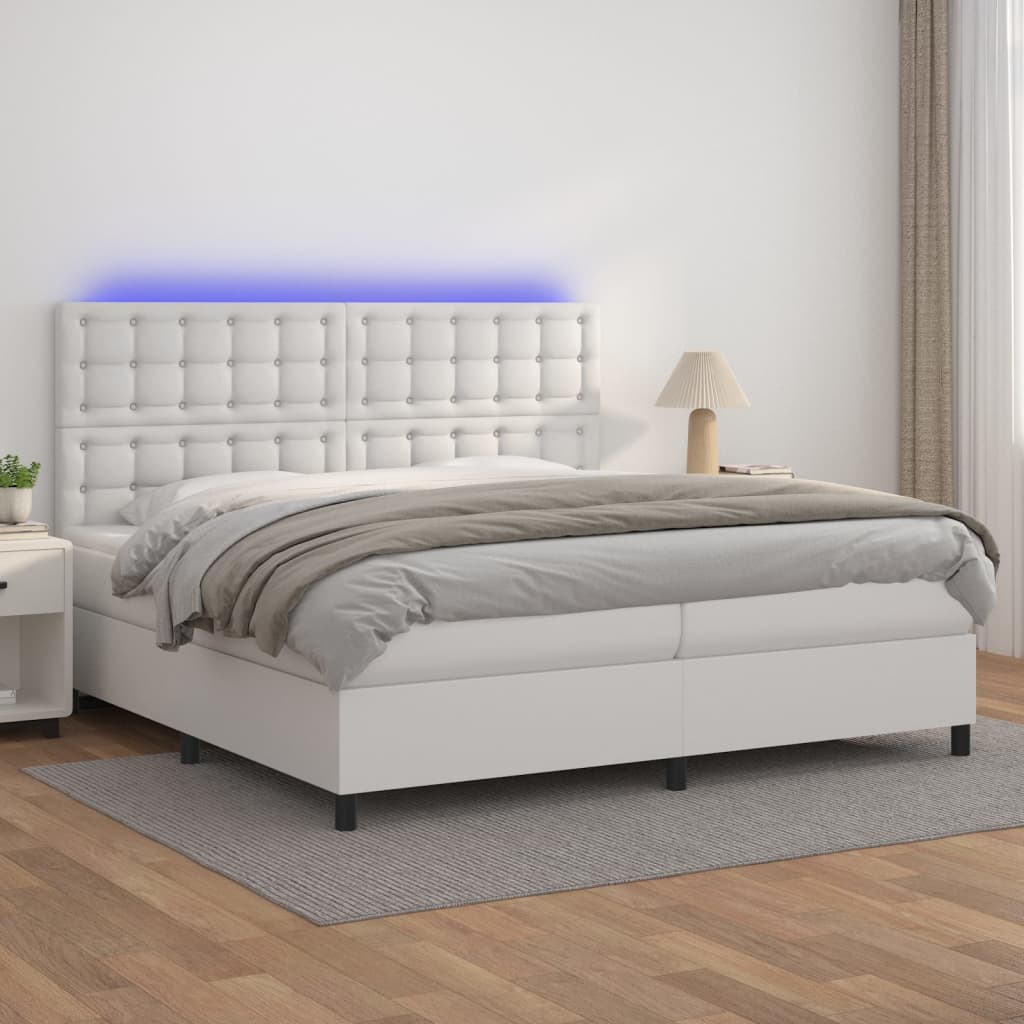 Boxspring met matras en LED kunstleer wit 200x200 cm is nu te koop bij PeponiXL, paradijselijk wonen!