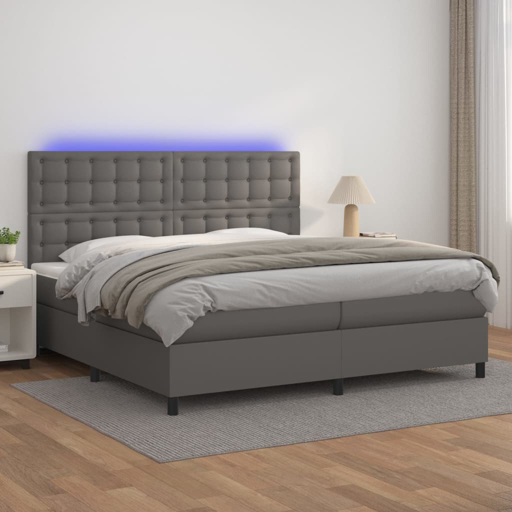 Boxspring met matras en LED kunstleer grijs 200x200 cm is nu te koop bij PeponiXL, paradijselijk wonen!