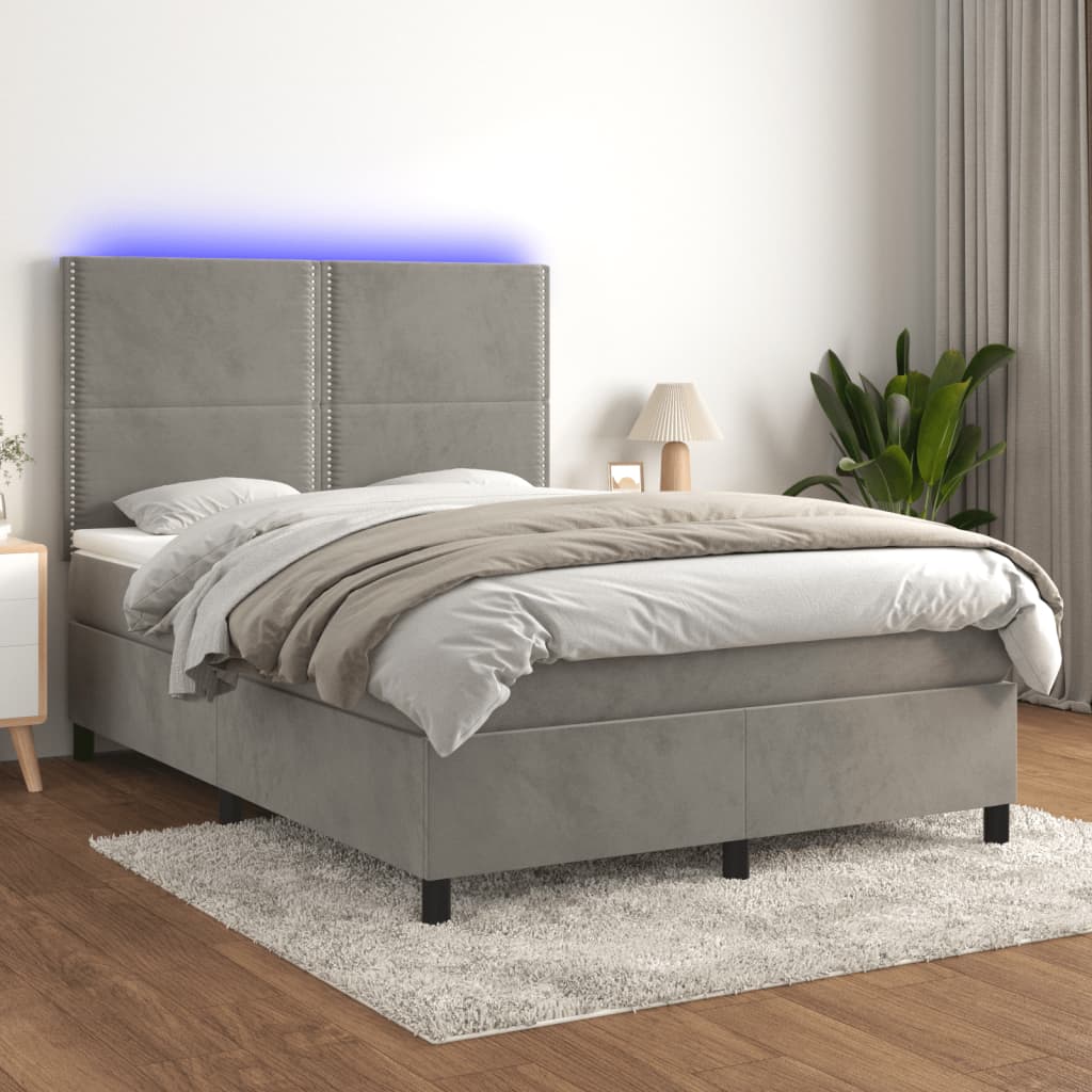 Boxspring met matras en LED fluweel lichtgrijs 140x200 cm is nu te koop bij PeponiXL, paradijselijk wonen!