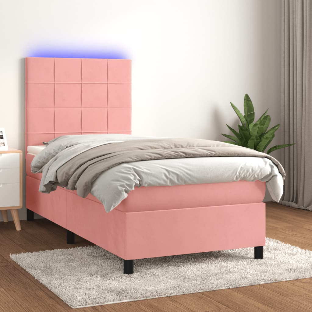 Boxspring met matras en LED fluweel roze 90x200 cm is nu te koop bij PeponiXL, paradijselijk wonen!