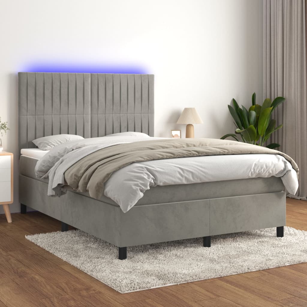 Boxspring met matras en LED fluweel lichtgrijs 140x190 cm is nu te koop bij PeponiXL, paradijselijk wonen!