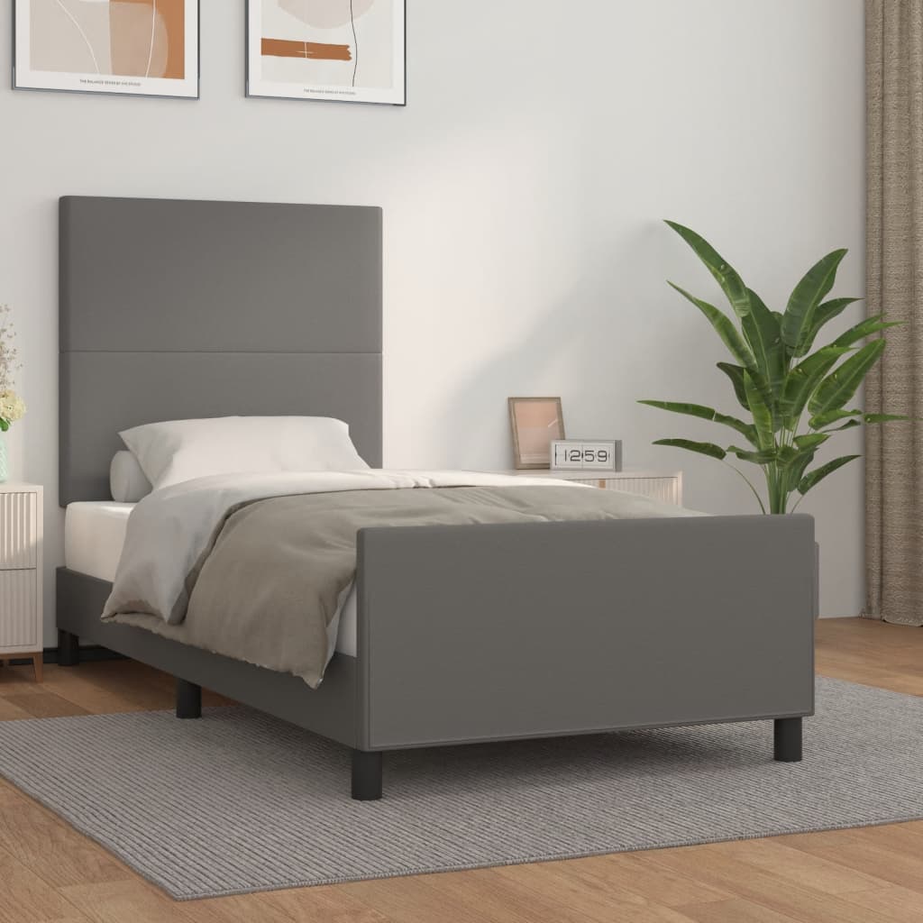 Bedframe met hoofdbord kunstleer grijs 100x200 cm is nu te koop bij PeponiXL, paradijselijk wonen!