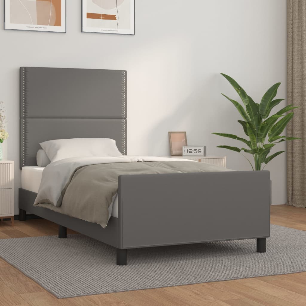 Bedframe met hoofdbord kunstleer grijs 100x200 cm is nu te koop bij PeponiXL, paradijselijk wonen!