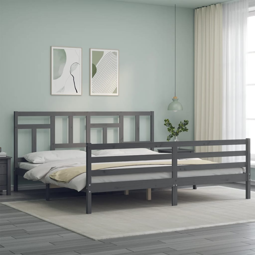 Bedframe met hoofdbord massief hout grijs 200x200 cm is nu te koop bij PeponiXL, paradijselijk wonen!