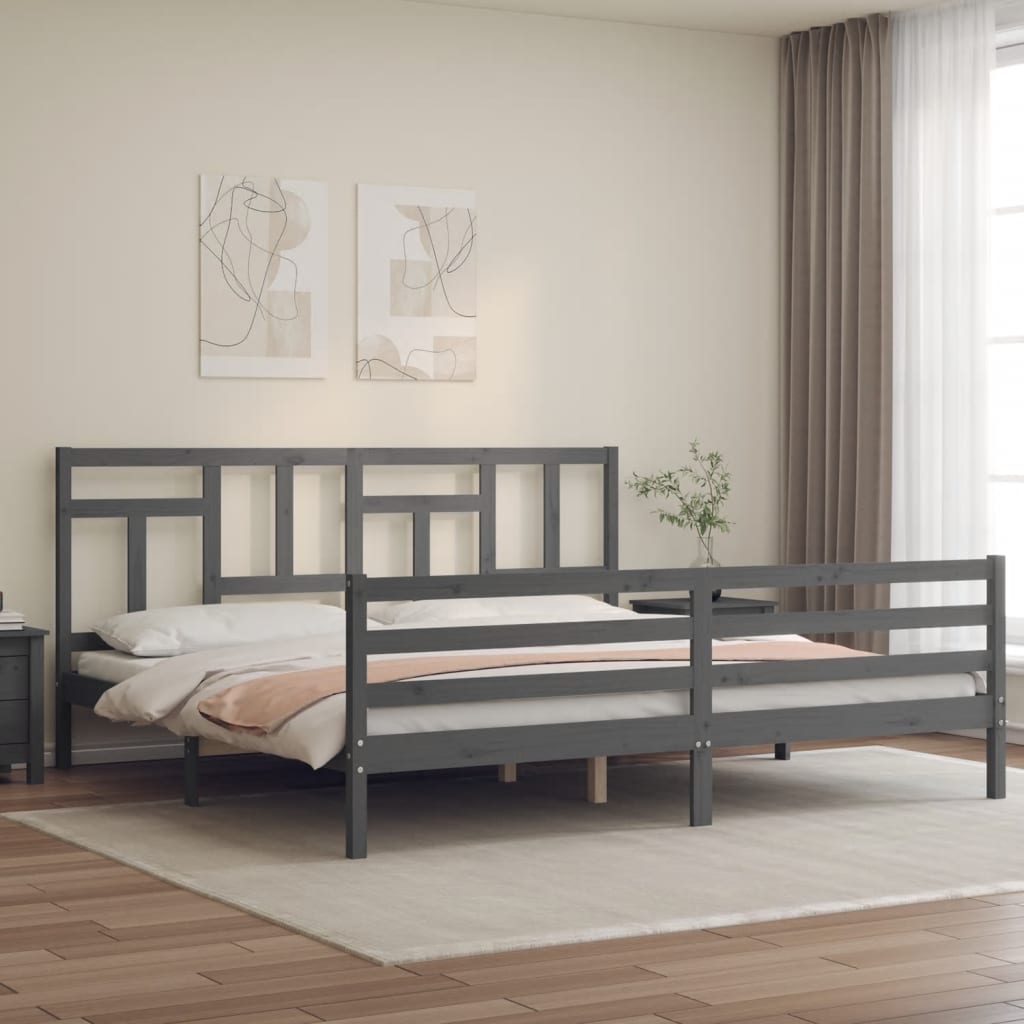 Bedframe met hoofdbord massief hout grijs 200x200 cm is nu te koop bij PeponiXL, paradijselijk wonen!