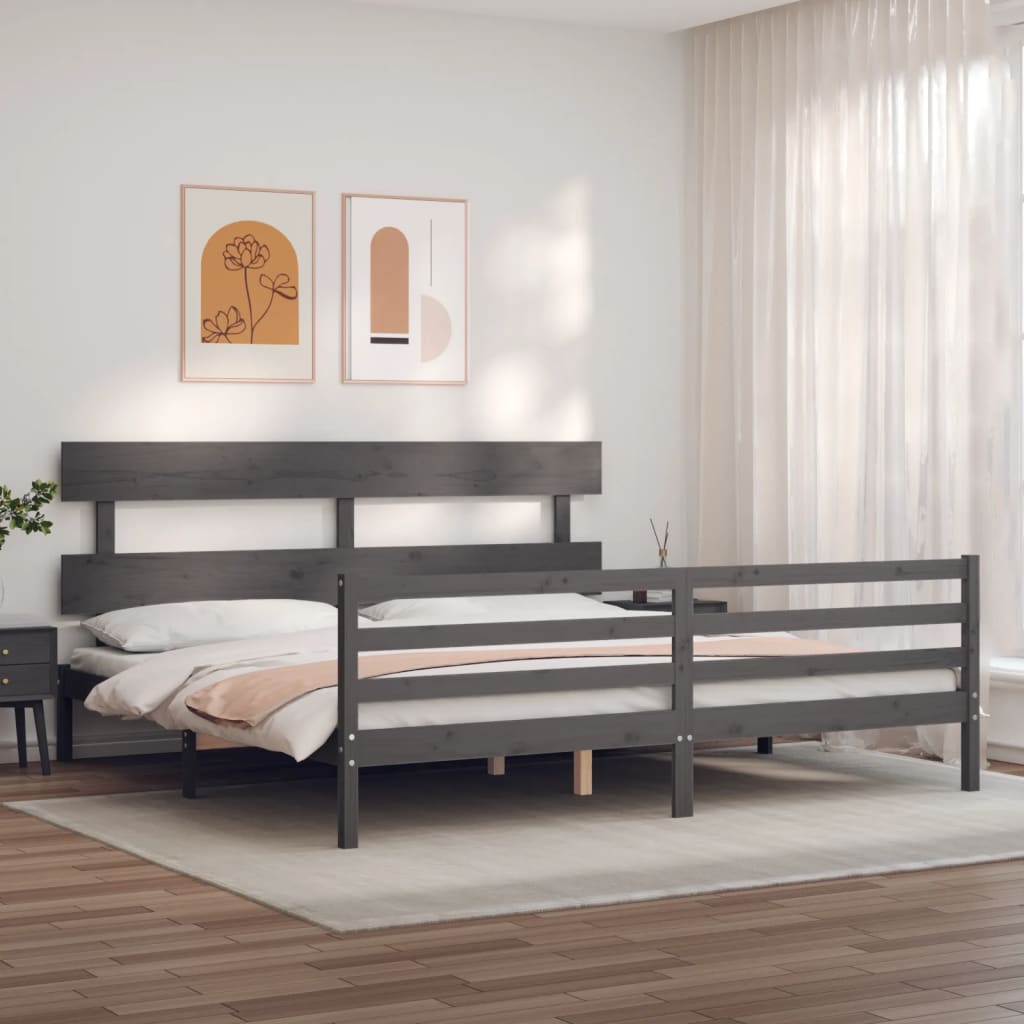 Bedframe met hoofdbord massief hout grijs 200x200 cm is nu te koop bij PeponiXL, paradijselijk wonen!