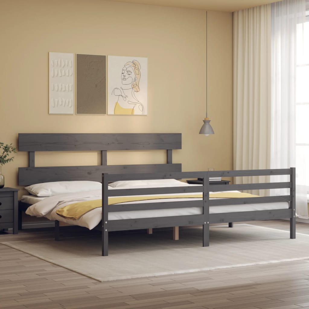 Bedframe met hoofdbord massief hout grijs 200x200 cm is nu te koop bij PeponiXL, paradijselijk wonen!
