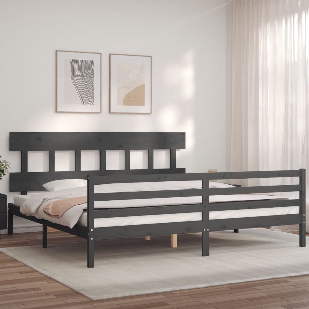 Bedframe met hoofdbord massief hout grijs 200x200 cm is nu te koop bij PeponiXL, paradijselijk wonen!