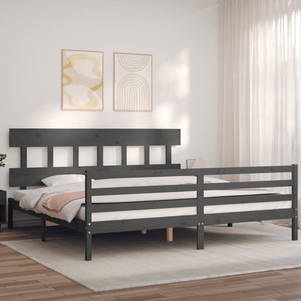 Bedframe met hoofdbord massief hout grijs 200x200 cm is nu te koop bij PeponiXL, paradijselijk wonen!