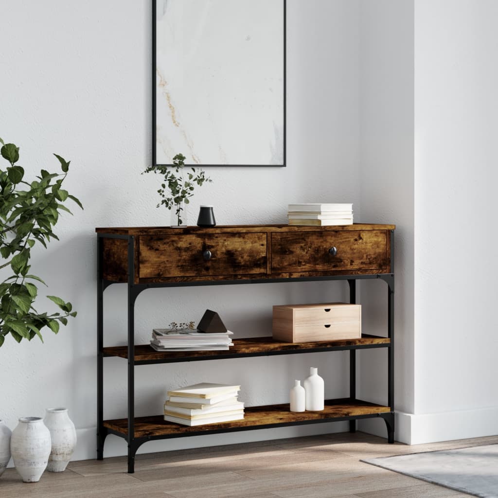 Wandtafel 100x25x75 cm bewerkt hout gerookt eikenkleurig is nu te koop bij PeponiXL, paradijselijk wonen!