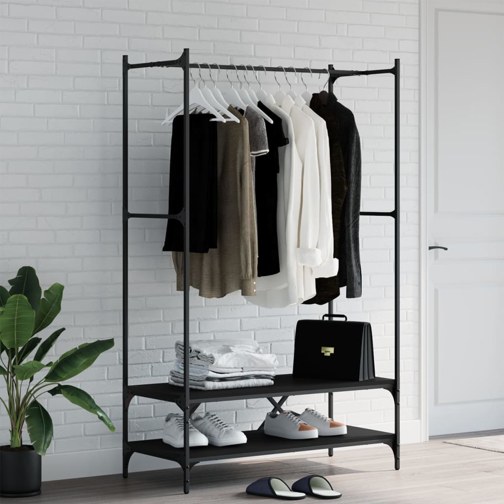 Kledingrek met schappen bewerkt hout zwart is nu te koop bij PeponiXL, paradijselijk wonen!