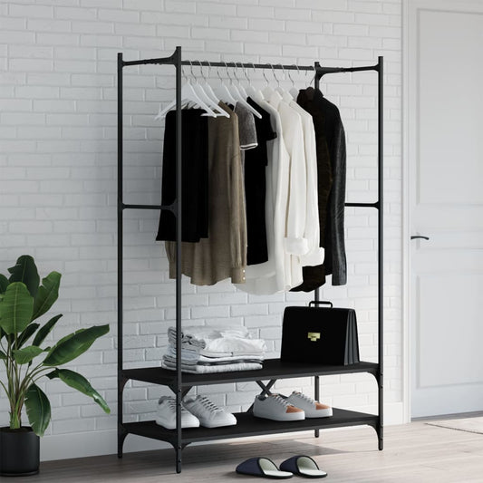 Kledingrek met schappen bewerkt hout zwart is nu te koop bij PeponiXL, paradijselijk wonen!