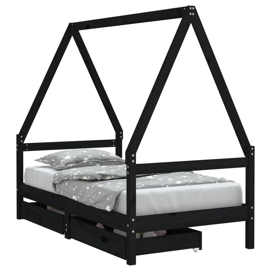 Kinderbedframe met lades 80x160 cm massief grenenhout zwart is nu te koop bij PeponiXL, paradijselijk wonen!