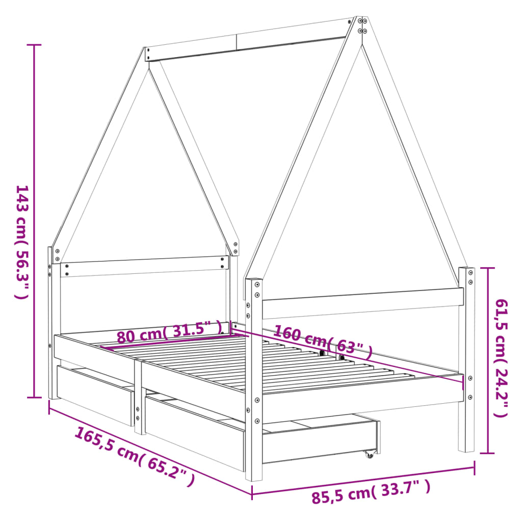 Kinderbedframe met lades 80x160 cm massief grenenhout zwart is nu te koop bij PeponiXL, paradijselijk wonen!