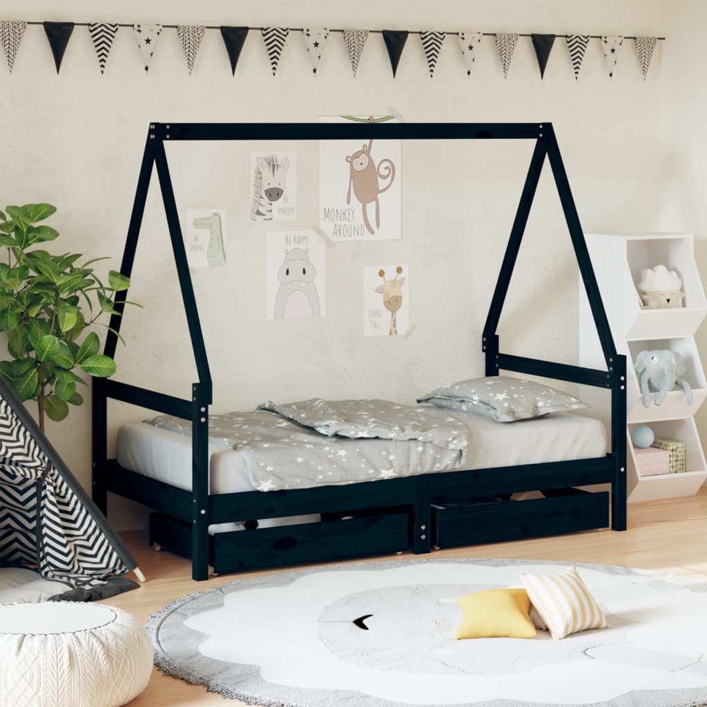 Kinderbedframe met lades 80x160 cm massief grenenhout zwart is nu te koop bij PeponiXL, paradijselijk wonen!