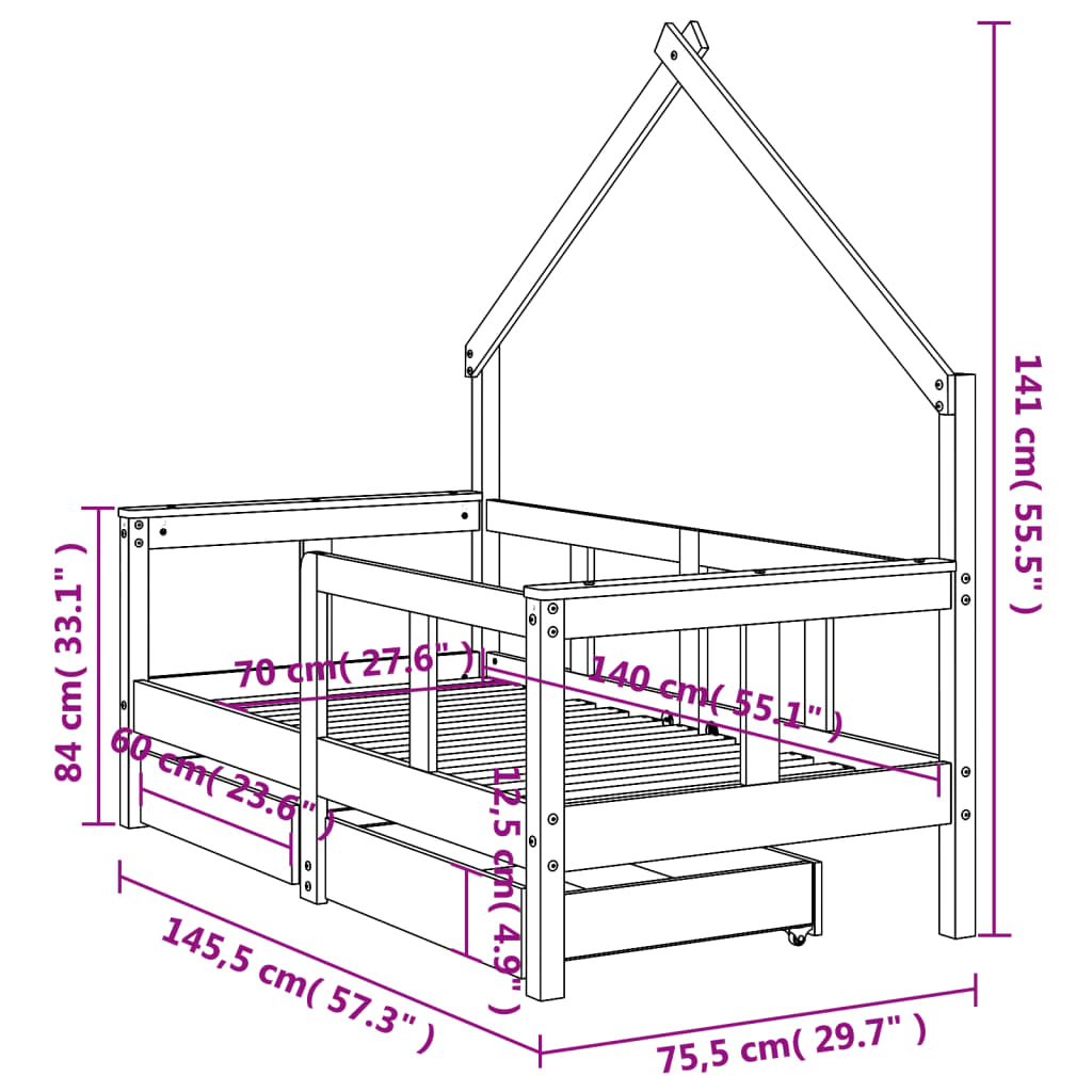 Kinderbedframe met lades 70x140 cm massief grenenhout wit is nu te koop bij PeponiXL, paradijselijk wonen!