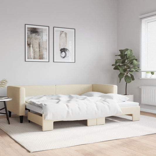 Slaapbank met onderschuifbed 80x200 cm stof crèmekleurig is nu te koop bij PeponiXL, paradijselijk wonen!
