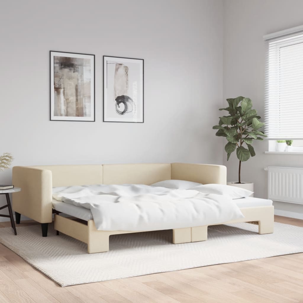Slaapbank met onderschuifbed 100x200 cm stof crèmekleurig is nu te koop bij PeponiXL, paradijselijk wonen!
