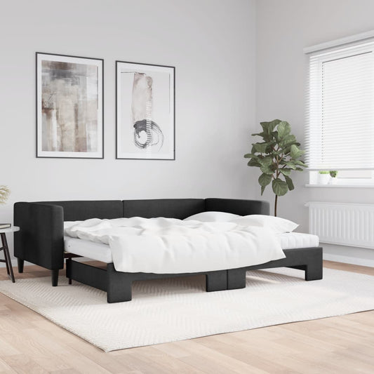 Slaapbank met onderschuifbed en matrassen 90x200 cm stof zwart is nu te koop bij PeponiXL, paradijselijk wonen!