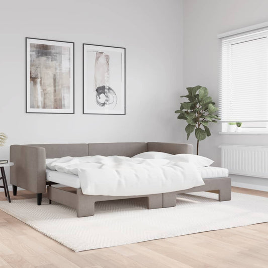 Slaapbank met onderschuifbed en matrassen 90x200 cm stof taupe is nu te koop bij PeponiXL, paradijselijk wonen!