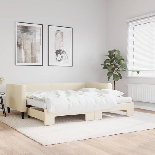Slaapbank met onderschuifbed en matrassen 90x200 cm stof crème is nu te koop bij PeponiXL, paradijselijk wonen!