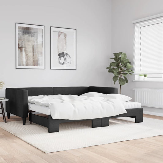 Slaapbank met onderschuifbed en matrassen 100x200 cm stof zwart is nu te koop bij PeponiXL, paradijselijk wonen!