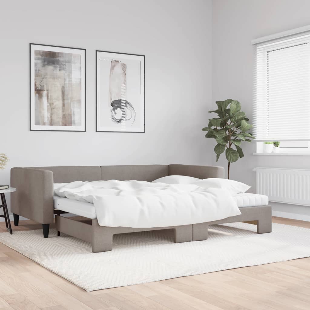 Slaapbank met onderschuifbed en matrassen 100x200 cm stof taupe is nu te koop bij PeponiXL, paradijselijk wonen!