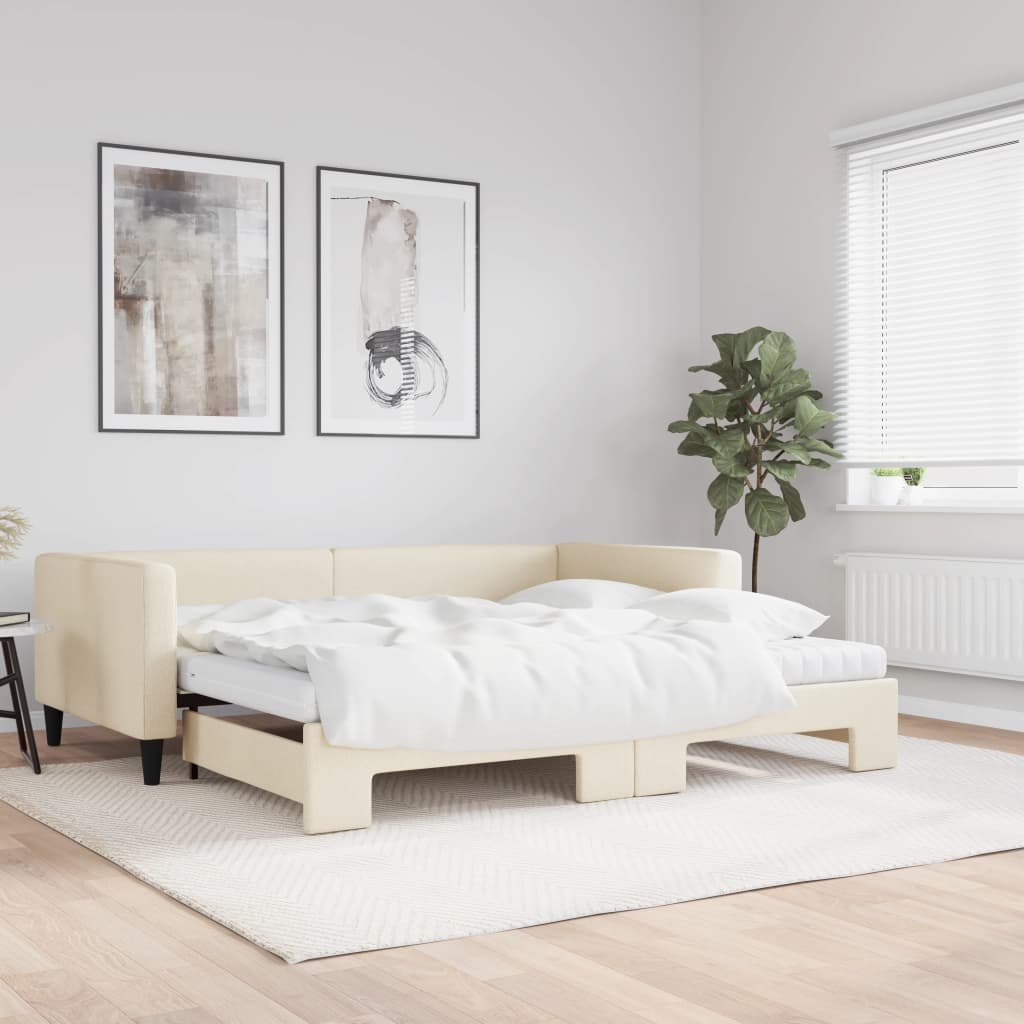 Slaapbank met onderschuifbed en matrassen 100x200 cm stof crème is nu te koop bij PeponiXL, paradijselijk wonen!