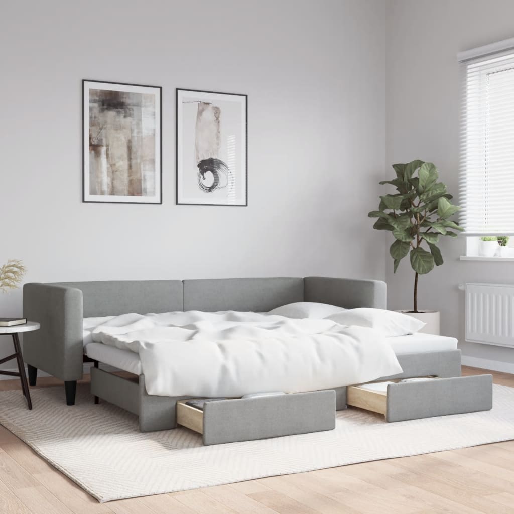Slaapbank met onderschuifbed en lades 80x200 cm stof lichtgrijs is nu te koop bij PeponiXL, paradijselijk wonen!