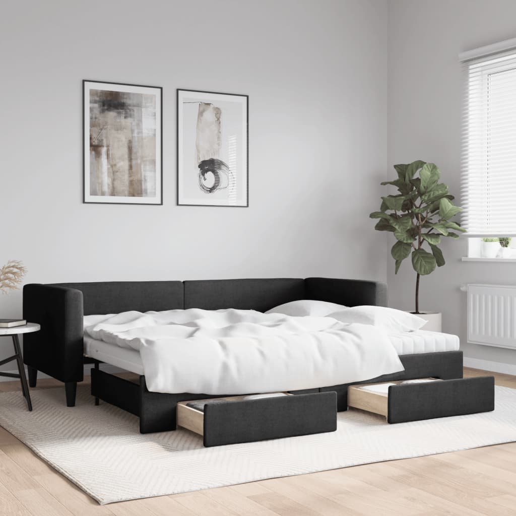 Slaapbank met onderschuifbed en lades 80x200 cm stof zwart is nu te koop bij PeponiXL, paradijselijk wonen!