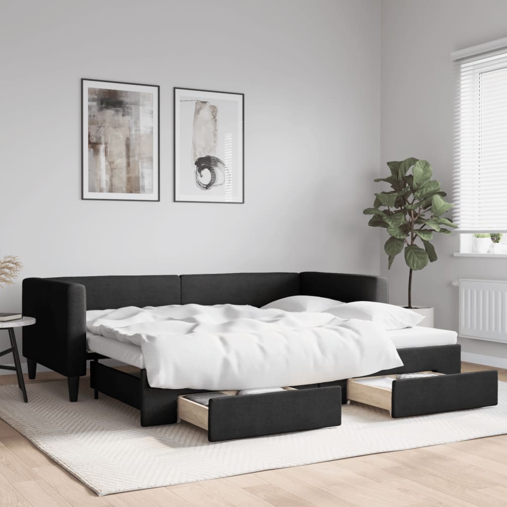 Slaapbank met onderschuifbed en lades 90x200 cm stof zwart is nu te koop bij PeponiXL, paradijselijk wonen!