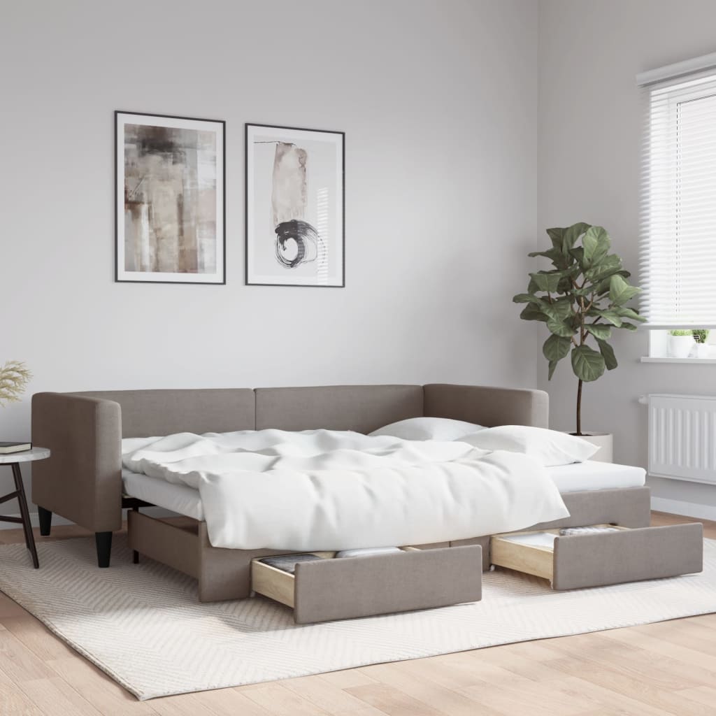 Slaapbank met onderschuifbed en lades 90x200 cm stof taupe is nu te koop bij PeponiXL, paradijselijk wonen!