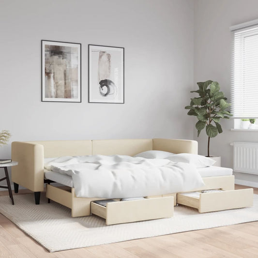 Slaapbank met onderschuifbed en lades 90x200 cm stof crèmekleur is nu te koop bij PeponiXL, paradijselijk wonen!