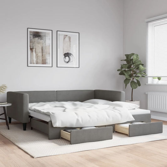 Slaapbank onderschuifbed en lades 100x200 cm stof donkergrijs is nu te koop bij PeponiXL, paradijselijk wonen!