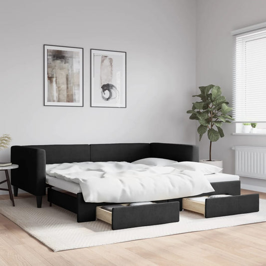 Slaapbank met onderschuifbed en lades 100x200 cm stof zwart is nu te koop bij PeponiXL, paradijselijk wonen!