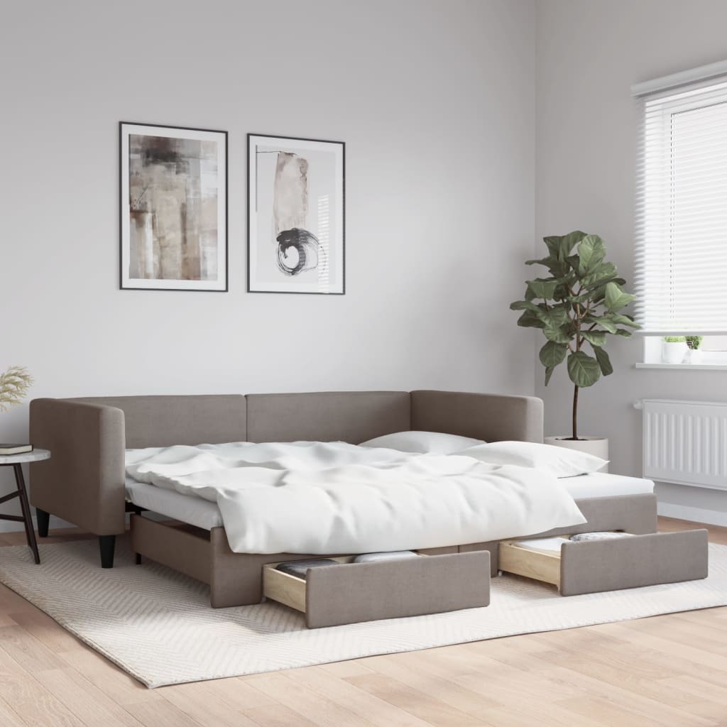 Slaapbank met onderschuifbed en lades 100x200 cm stof taupe is nu te koop bij PeponiXL, paradijselijk wonen!