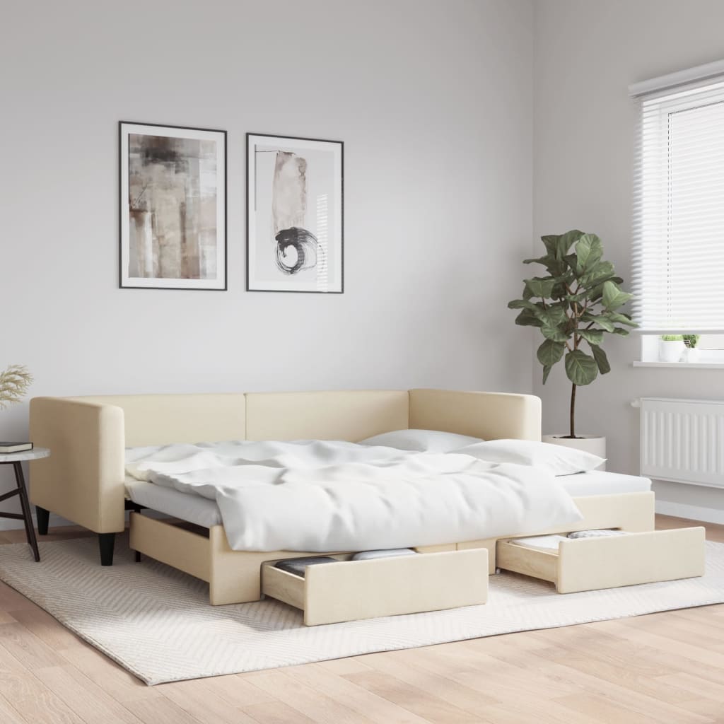 Slaapbank met onderschuifbed en lades 100x200 cm stof crème is nu te koop bij PeponiXL, paradijselijk wonen!