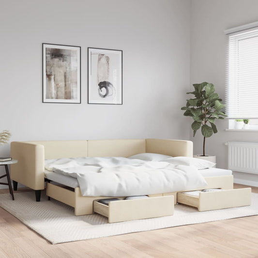 Slaapbank met onderschuifbed en lades 100x200 cm stof crème is nu te koop bij PeponiXL, paradijselijk wonen!
